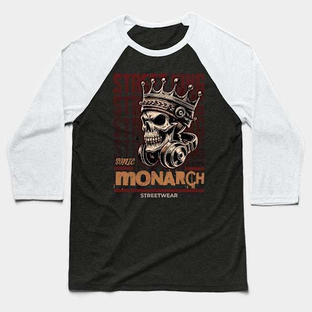 Streetwear Design With a Crowned Skull Wearing Headphones in Earth Tones Baseball T-Shirt by Quirk Print Studios 